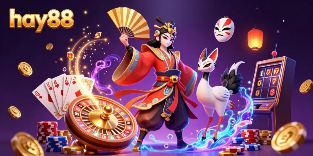Experience the thrilling world of hay88 with a vibrant 3D illustration showcasing awesome casino gameplay, filled with coins and excitement.