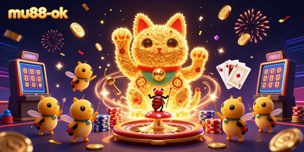 Engage with mu88-ok's enchanting casino experience featuring a giant lucky cat and exciting games.
