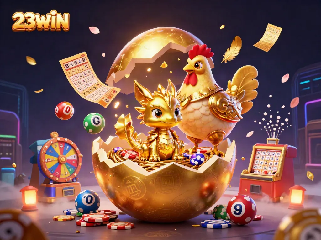 Experience the excitement of 23WIN in a vibrant, dynamic casino scene with golden dragon and lottery elements.