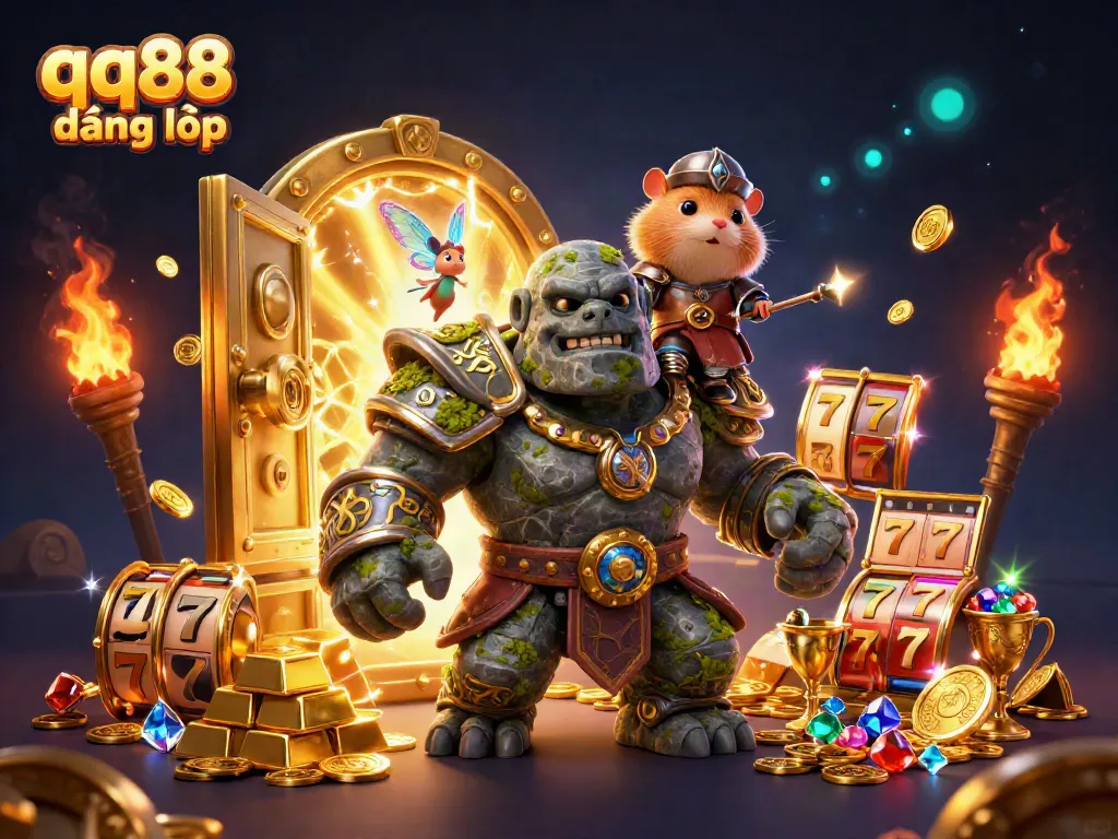 Experience the magic of qq88 đăng nhập with an ancient stone golem and whimsical fairy in a treasure-filled casino adventure.