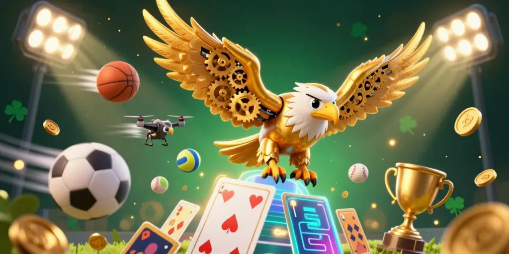 Engage with taixiumd5b's thrilling gaming experience featuring a golden eagle and sports elements.