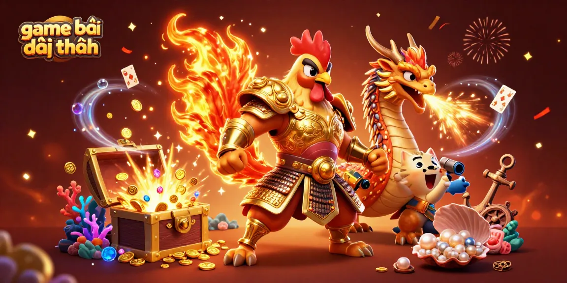 Engage in thrilling game bài đổi thưởng with a dynamic scene of warriors and treasures in a vivid 3D illustration.