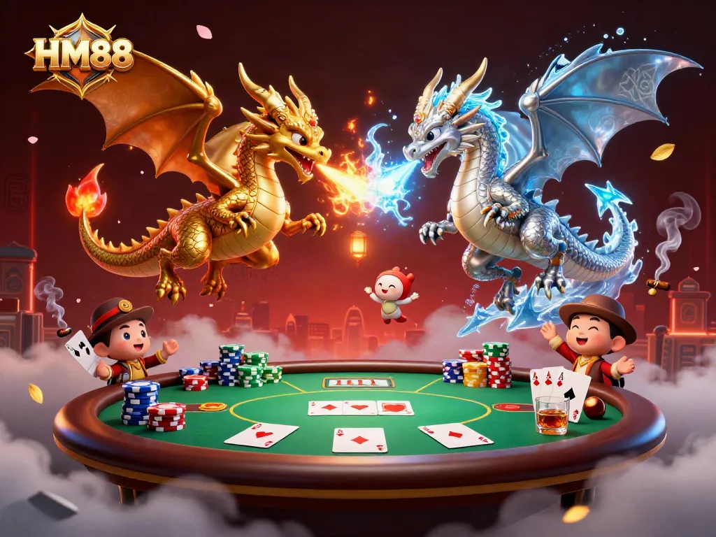 Experience vibrant gameplay at HM88 with an eye-catching scene of dragons amid poker elements.