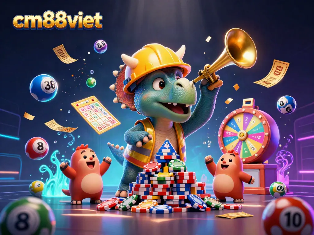 Experience the vibrant casino action with cm88viet featuring playful characters amidst colorful lottery elements.