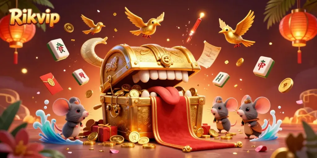 Experience the excitement of Rikvip with a captivating treasure chest scene filled with winning treasures.