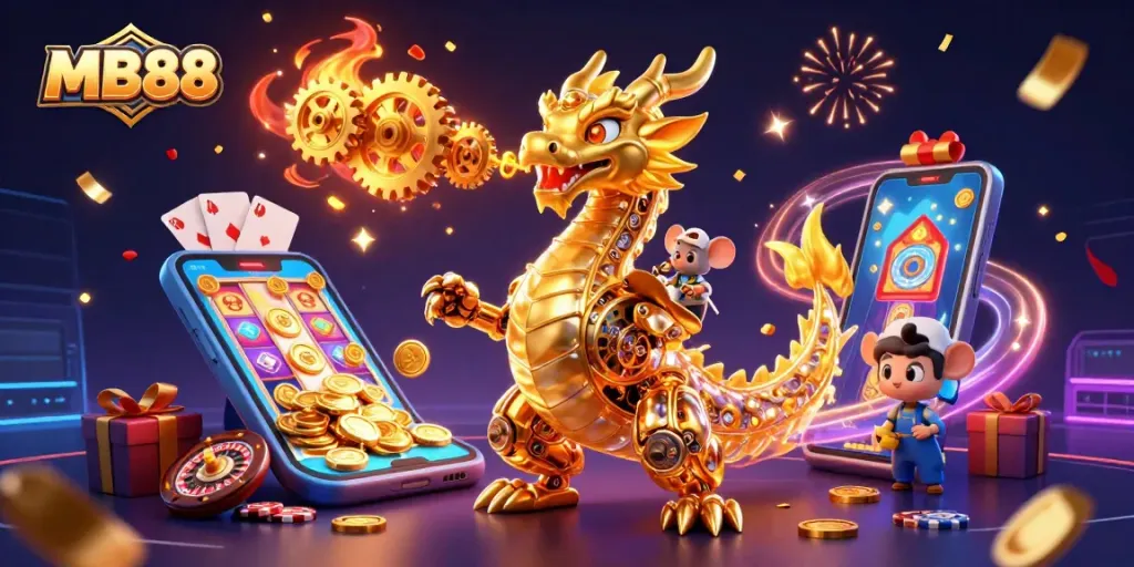 Experience thrilling gameplay with MB88's vibrant casino elements and a dynamic dragon scene.