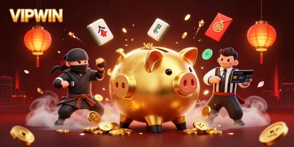 Experience thrilling action with VIPWIN featuring a golden piggy bank wrestler, a wallet ninja, and a samurai referee.
