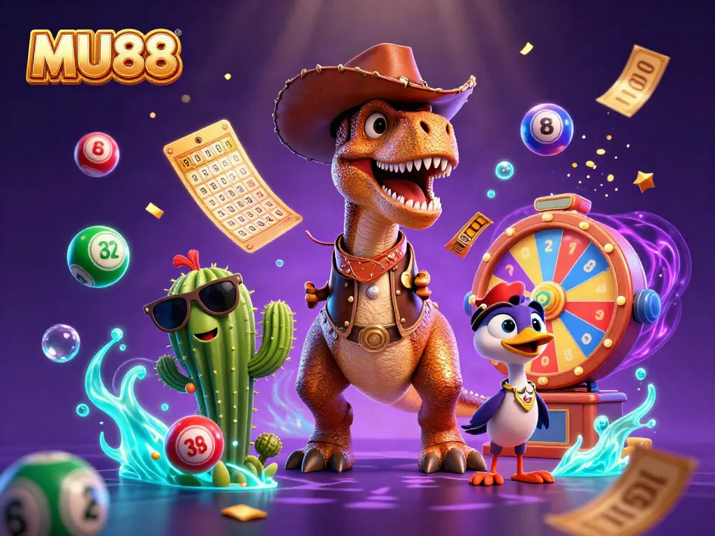Join the excitement at MU88 with a vibrant 3D scene of characters amidst cheering lottery elements.