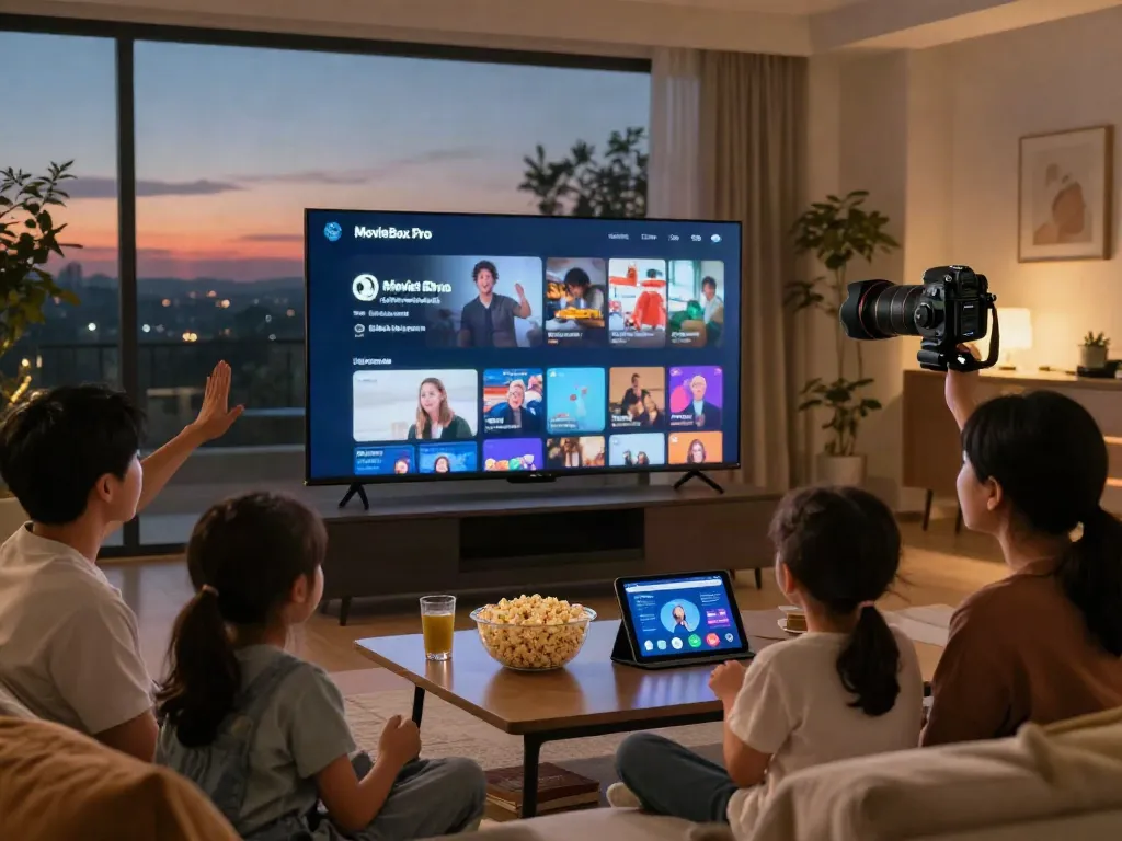 Family watching movies on the MovieBox Pro app in a cozy living room.