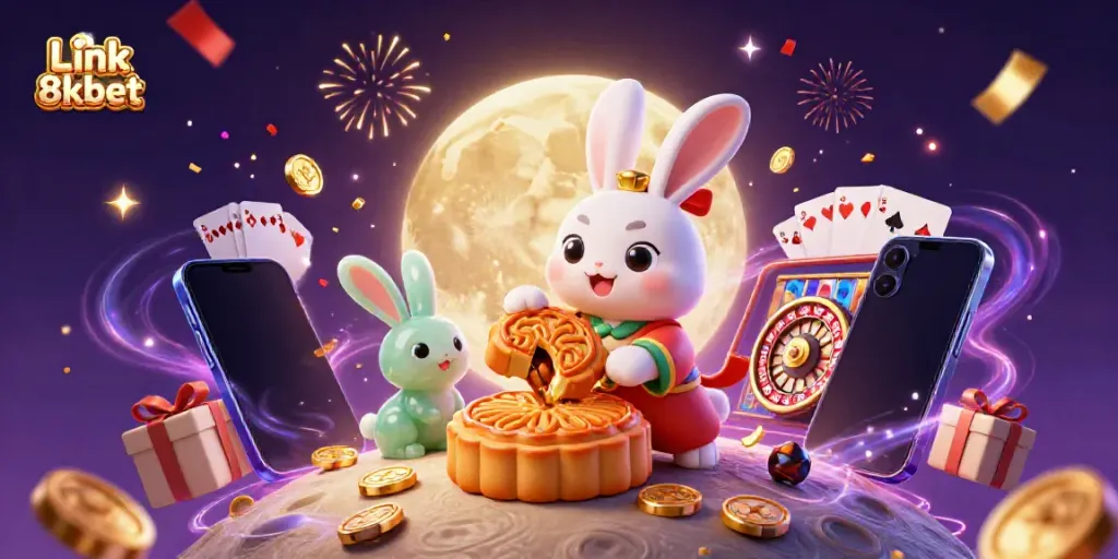 Experience the excitement of Link 8kbet with a dynamic illustration featuring casino elements and moon rabbits.