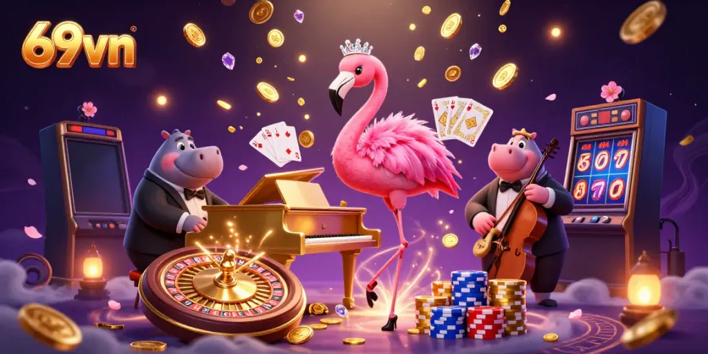 Engage with 69vn's vibrant casino atmosphere featuring a lively flamingo singer and rich game elements.