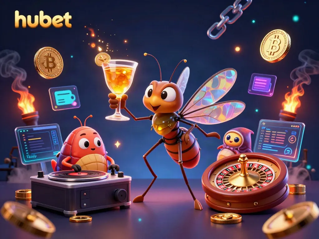 Engage with hubet's thrilling casino illustration featuring crypto coins and vibrant characters.
