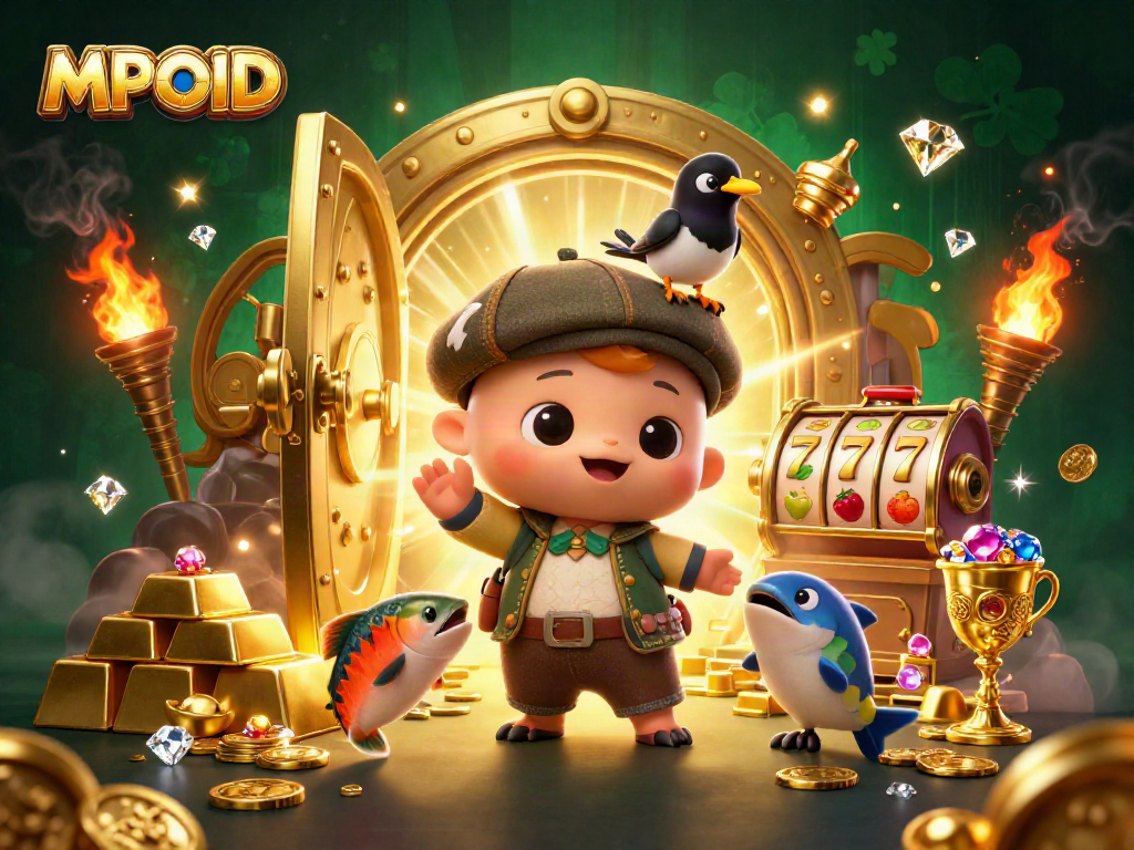 MPOID game scene showcasing a cute 3D Nessie with gold treasures and playful elements in a casino setting