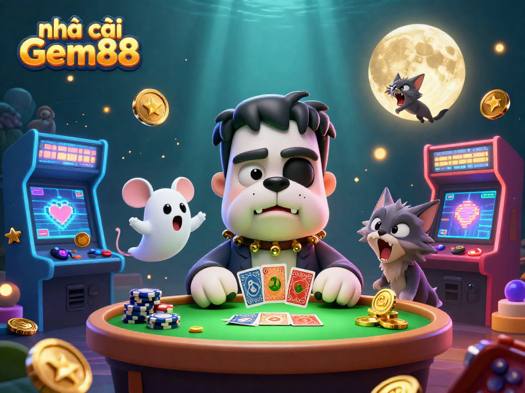 Engage with nhà cái Gem88 at a spooky casino table, featuring vibrant card dealing action.