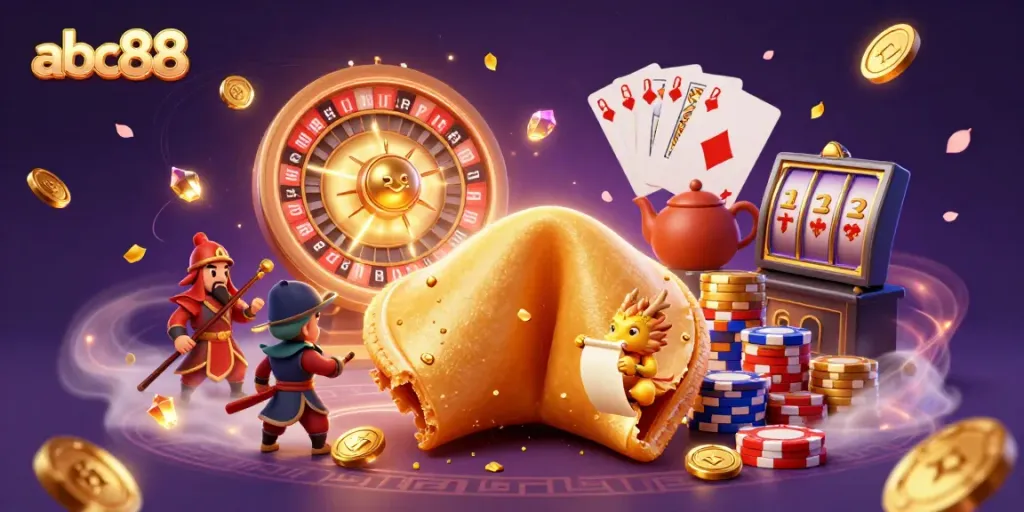Engage in thrilling games at abc88 with dynamic characters and golden treasures in this illustrated casino scene.
