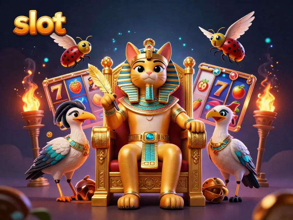 Spin the reels with exciting slot action featuring a pharaoh cat surrounded by jackpot elements.