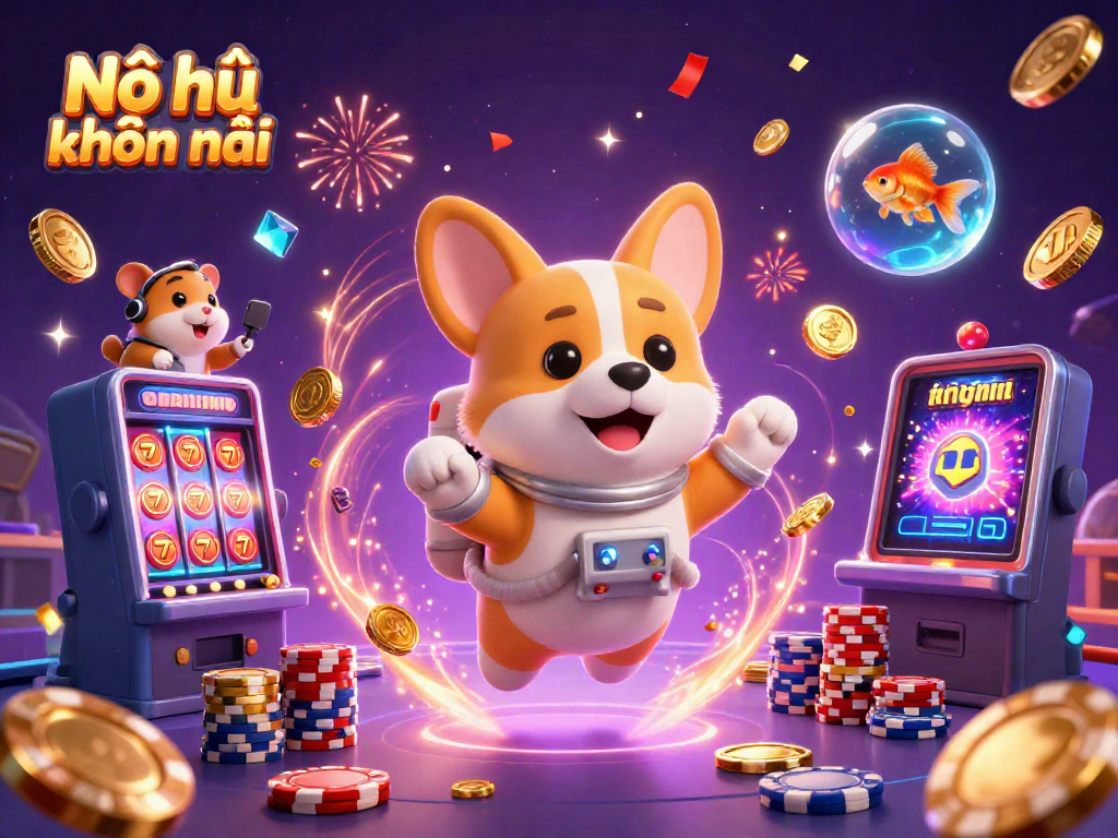 Nổ hũ khuyến mãi illustration with a playful astronaut corgi in a vibrant casino scene.