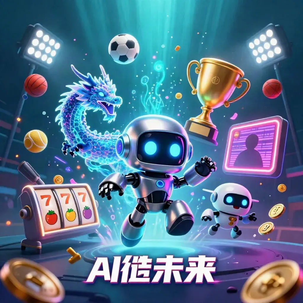 Robot, holographic dragon, and drone amid coins, balls, trophy, and underwater neon glow.