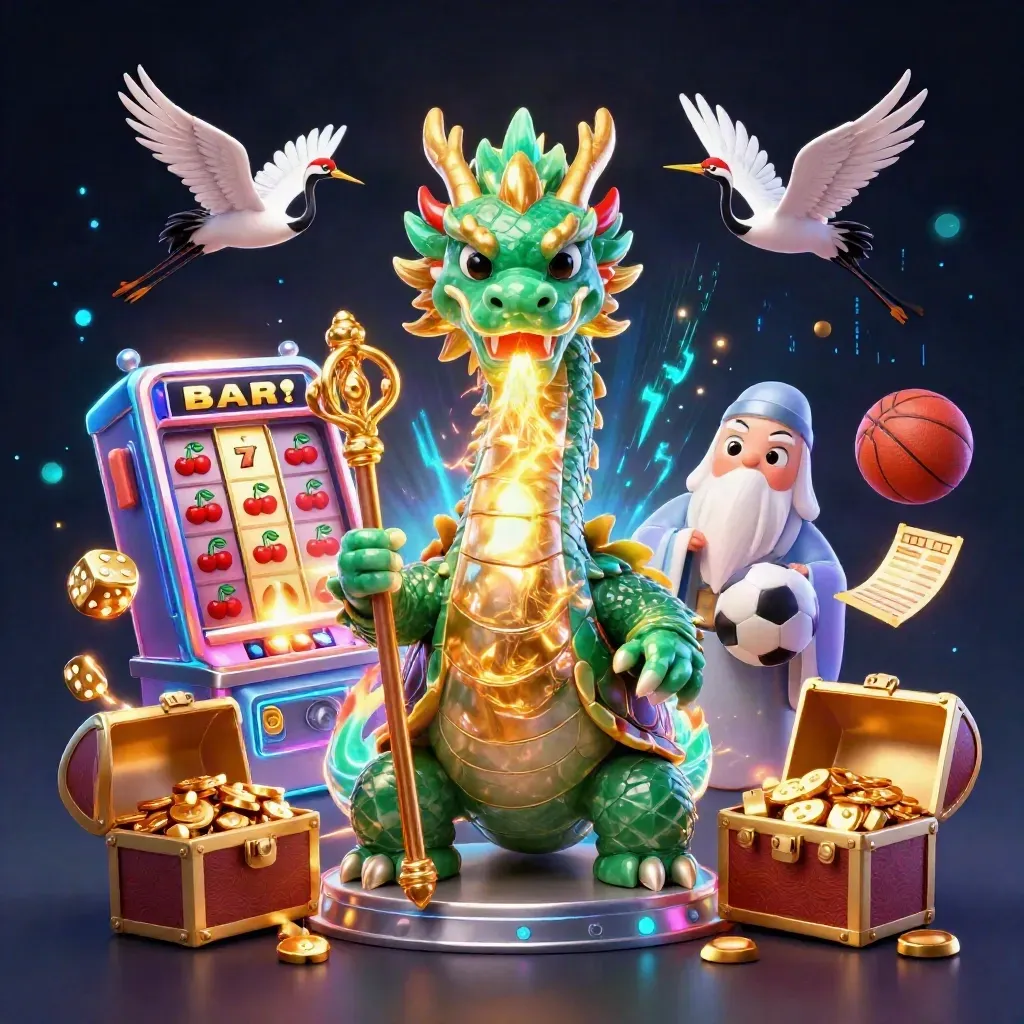 Emerald dragon, turtle sage, and cranes burst with casino symbols in neon light on dark navy.