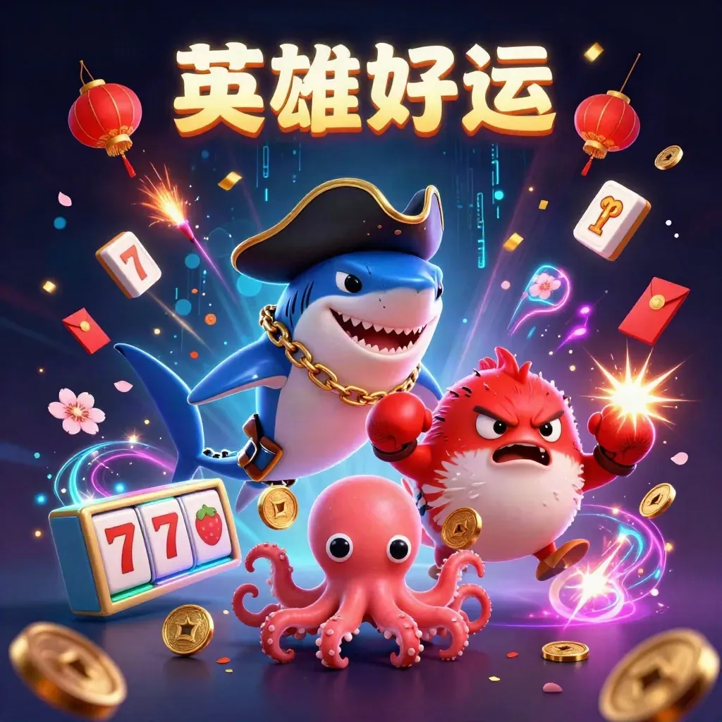Pirate shark, boxing pufferfish, and juggling octopus amid neon casino coins and gold effects.