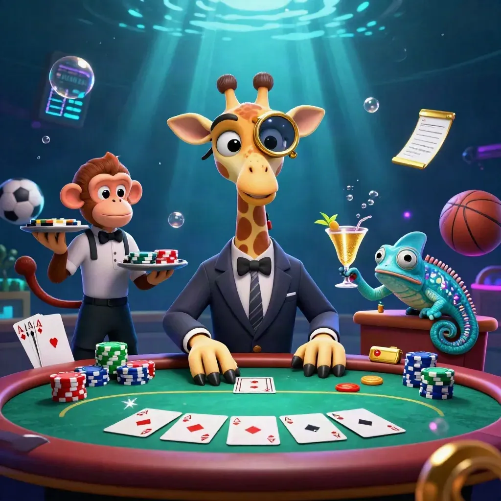 Low-angle casino animals around a poker table with chips, balls, and underwater glow.