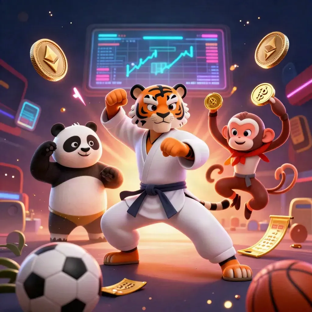 Kung-fu tiger, panda, and monkey with flying soccer and basketball, casino glow, coins, and lightning.
