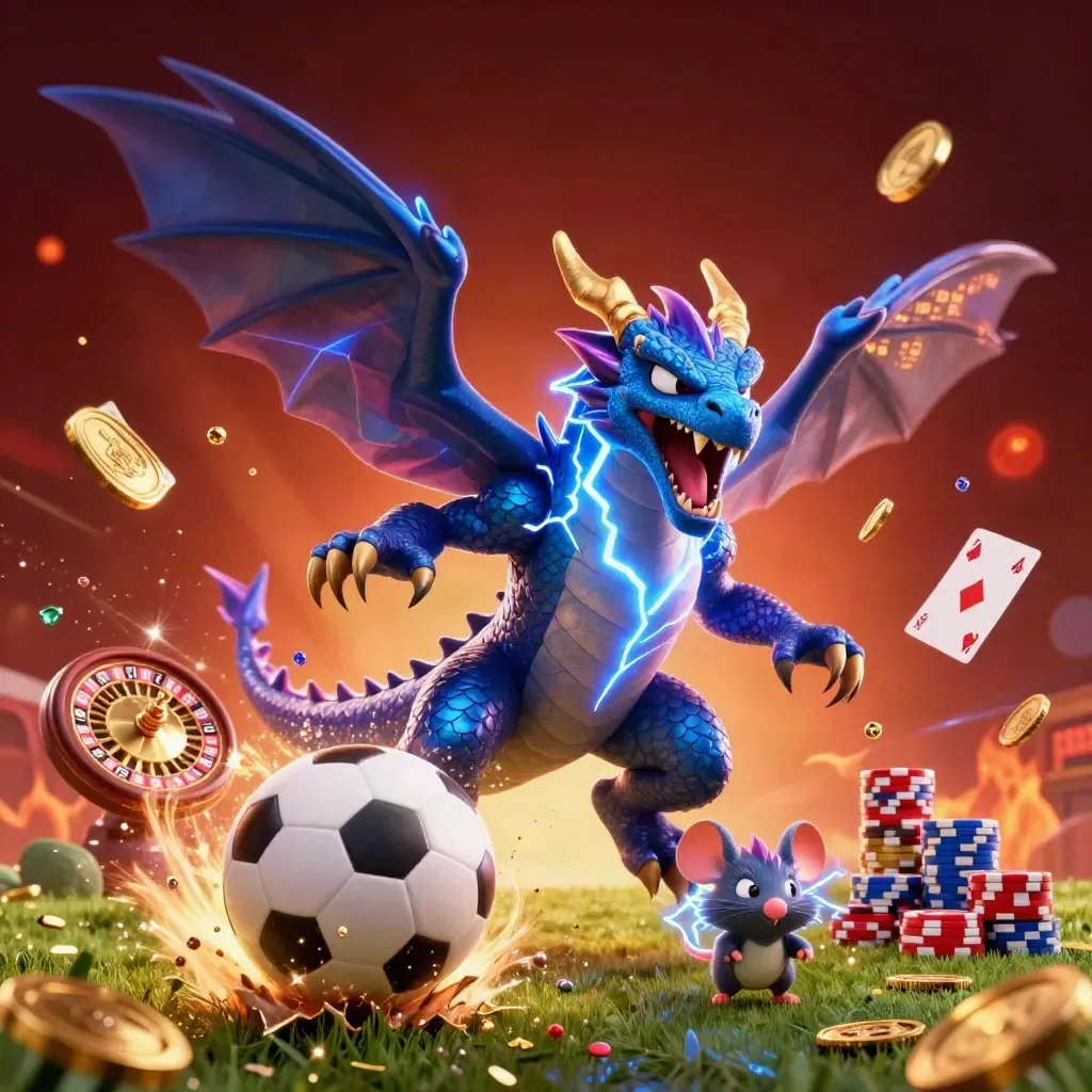 Thunder dragon, wind hawk and static mouse amid flying casino coins, cards and sports balls.