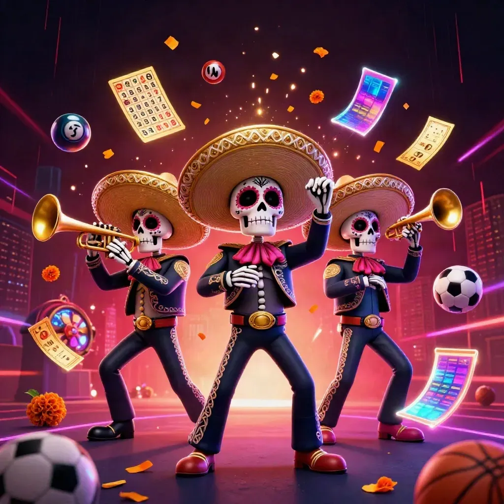 Skeleton mariachi trio amid casino balls, prize wheel, tickets and neon energy