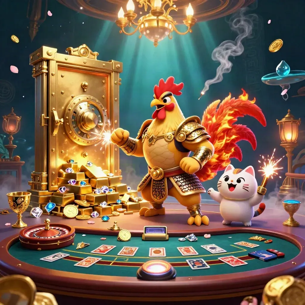 Rooster warrior, dragon hatchling, and fortune-cat amid vault gold, smoke, and casino glow.