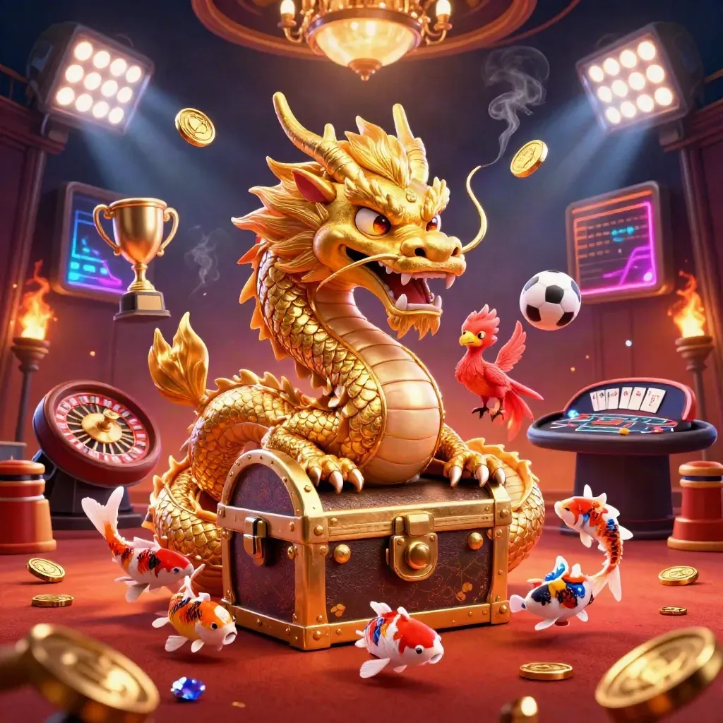 Golden dragon, phoenix, koi, casino lights, roulette wheel and sports trophies in a luxe glow.