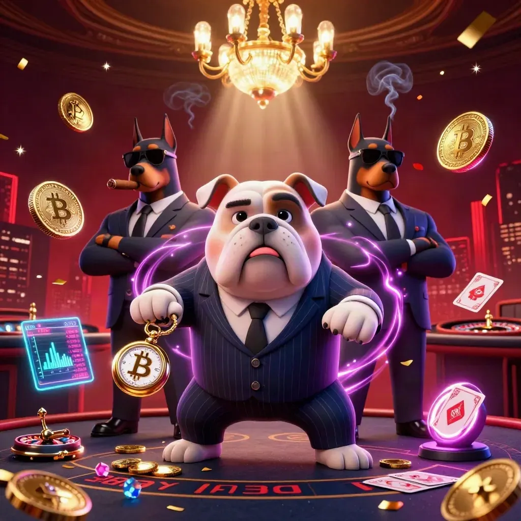 Cartoon bulldog boss with two Doberman guards in a glowing casino, coins and crypto symbols swirling