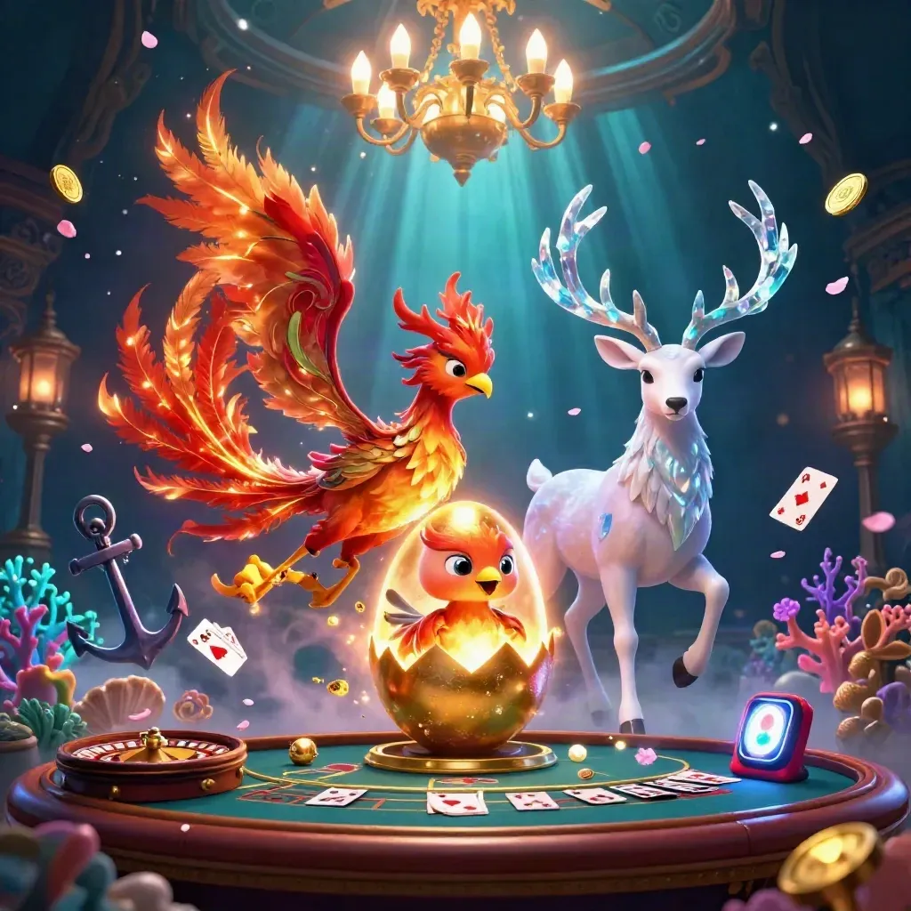 Phoenix, hatchling, and stag in a glowing underwater casino with gold coins and coral