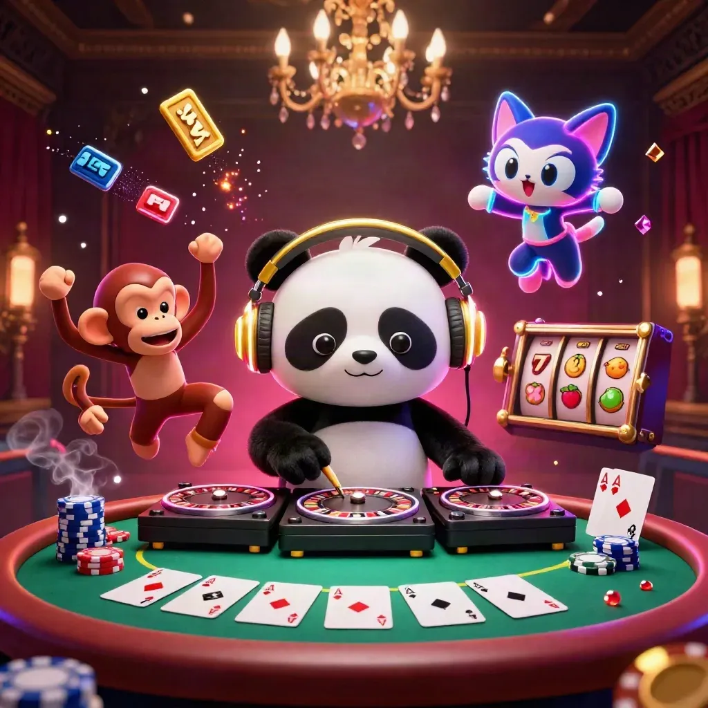 DJ panda, breakdancing monkey, and rave kitten amid casino chips, cards, and glowing gold effects.