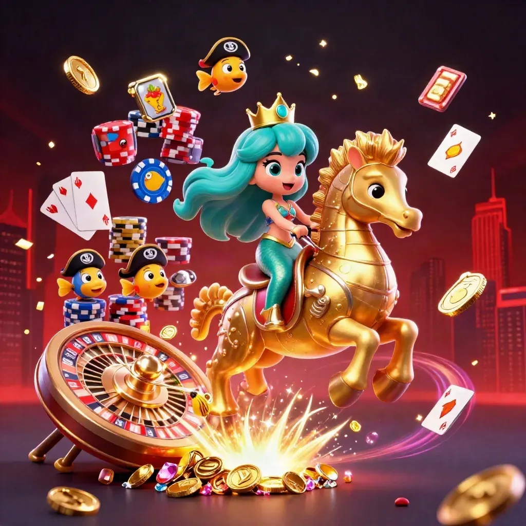 Mermaid princess rides golden seahorse amid coins, gems, cards, chips, and casino sparks.