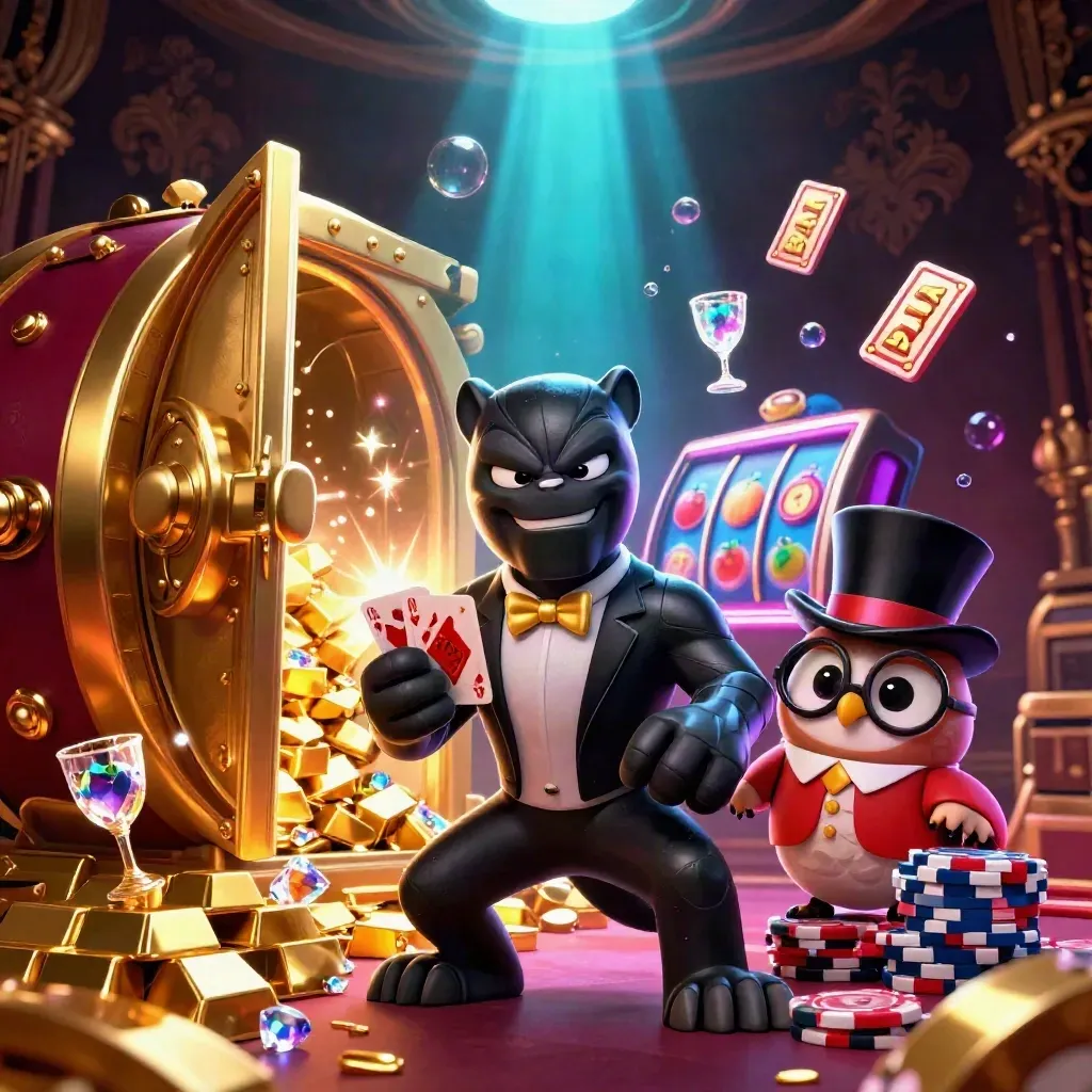 Panther, owl and mouse raid a glowing treasure vault amid gems and casino sparkles.