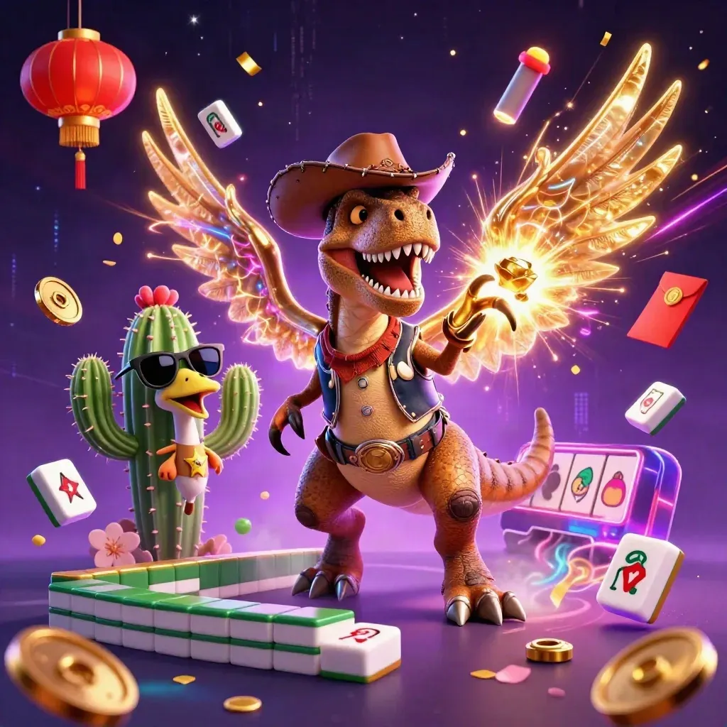 Cowboy T-Rex, cactus, and sheriff roadrunner burst through neon gold casino treasure.
