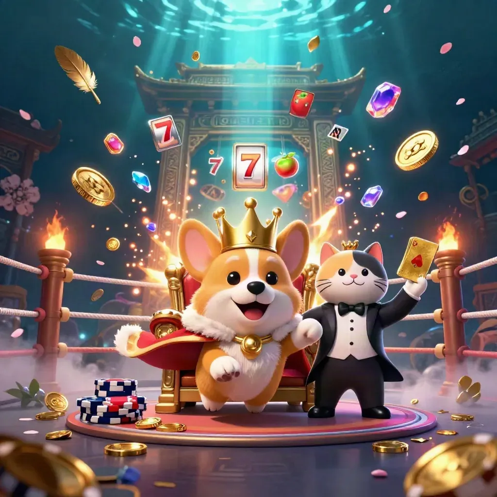 Royal corgi and cat butler on a chip throne in a glowing underwater casino scene.