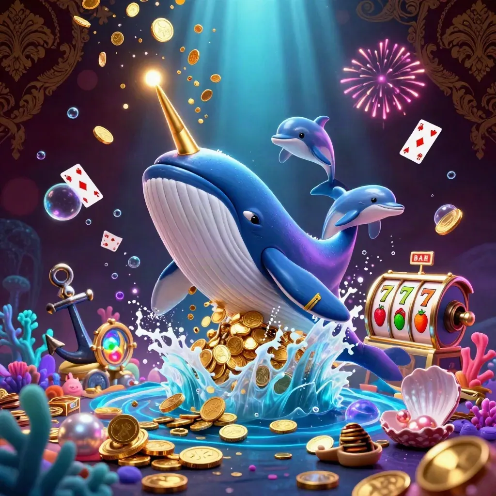 Whale, narwhal, and dolphins explode from coin treasure in a luxe neon casino splash scene.