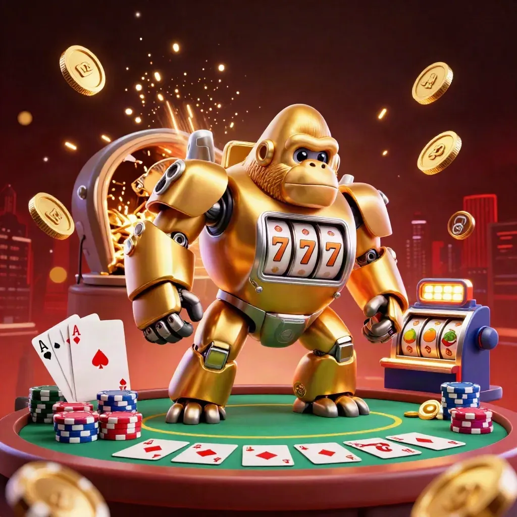 Golden gorilla slot mech with monkey pilot, coins, cards, chips, fireworks, and neon casino glow
