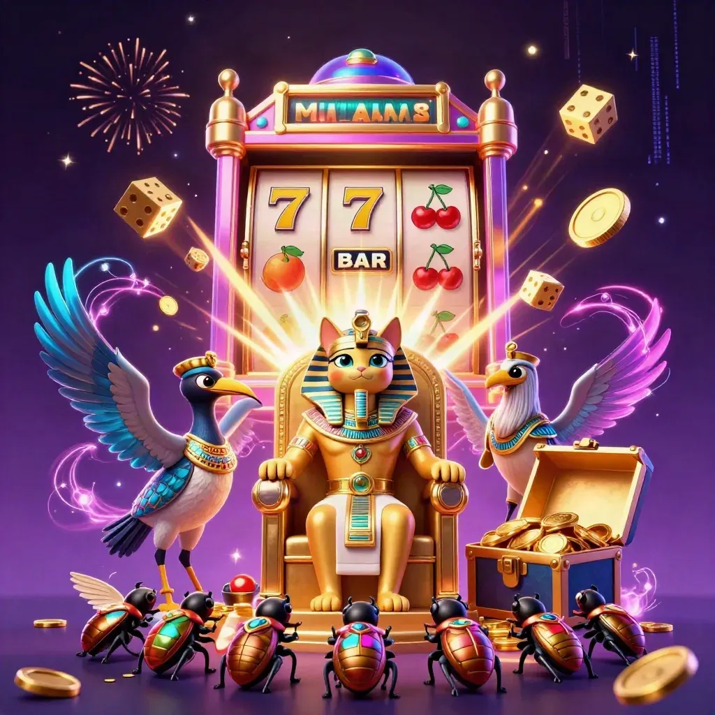 Pharaoh cat, ibis scribe, and gem-wing scarabs amid slot-machine jackpot explosions