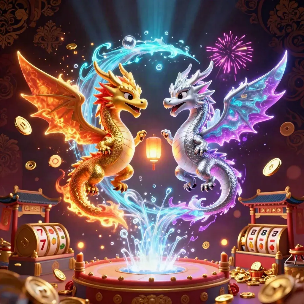 Twin gold and silver dragons swirl above coins, reels, temple gate, and luxe casino glow.