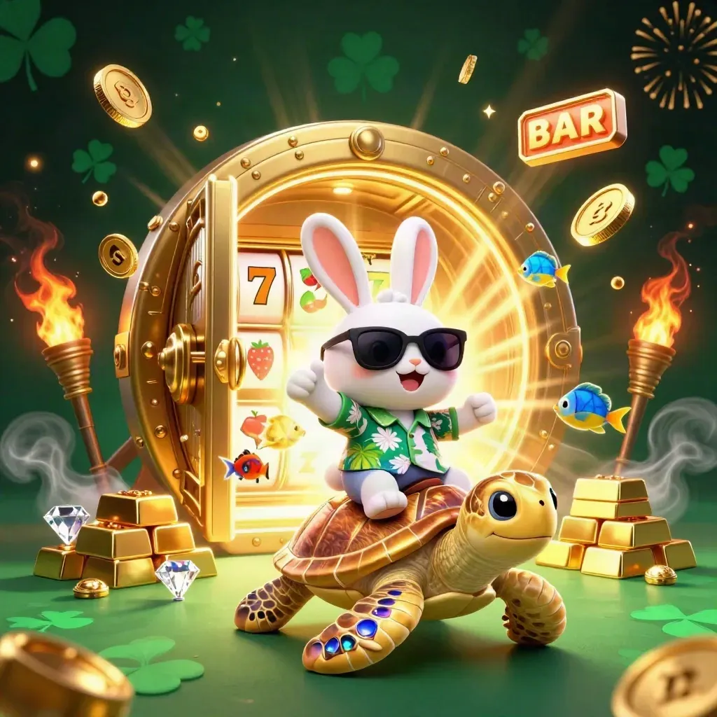 Lucky rabbit rides a gold turtle as vault coins, gems, and fireworks burst around them.