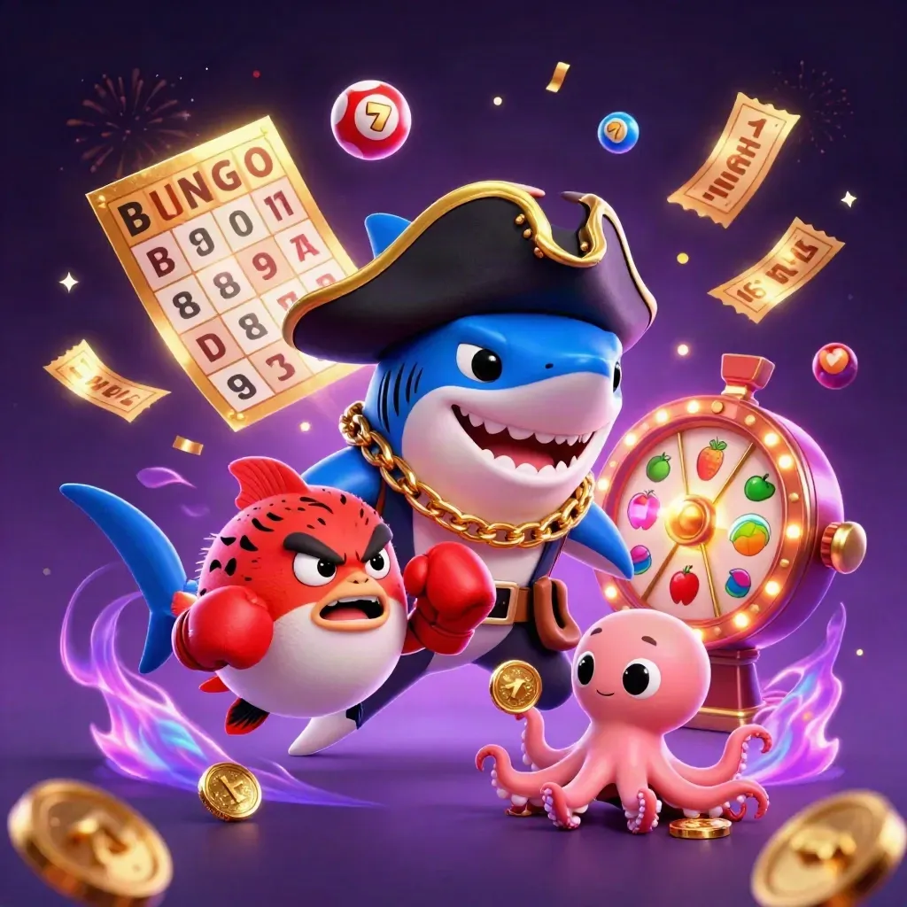 Shark pirate, boxing pufferfish, and coin-juggling octopus in a glowing casino splash scene.