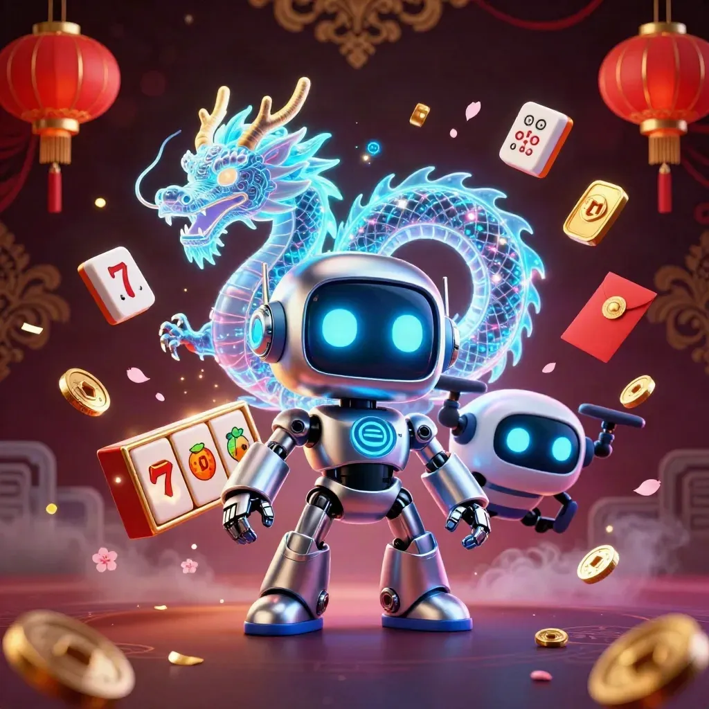 Chrome robot, holographic dragon, and coin drone amid casino symbols and glowing petals.
