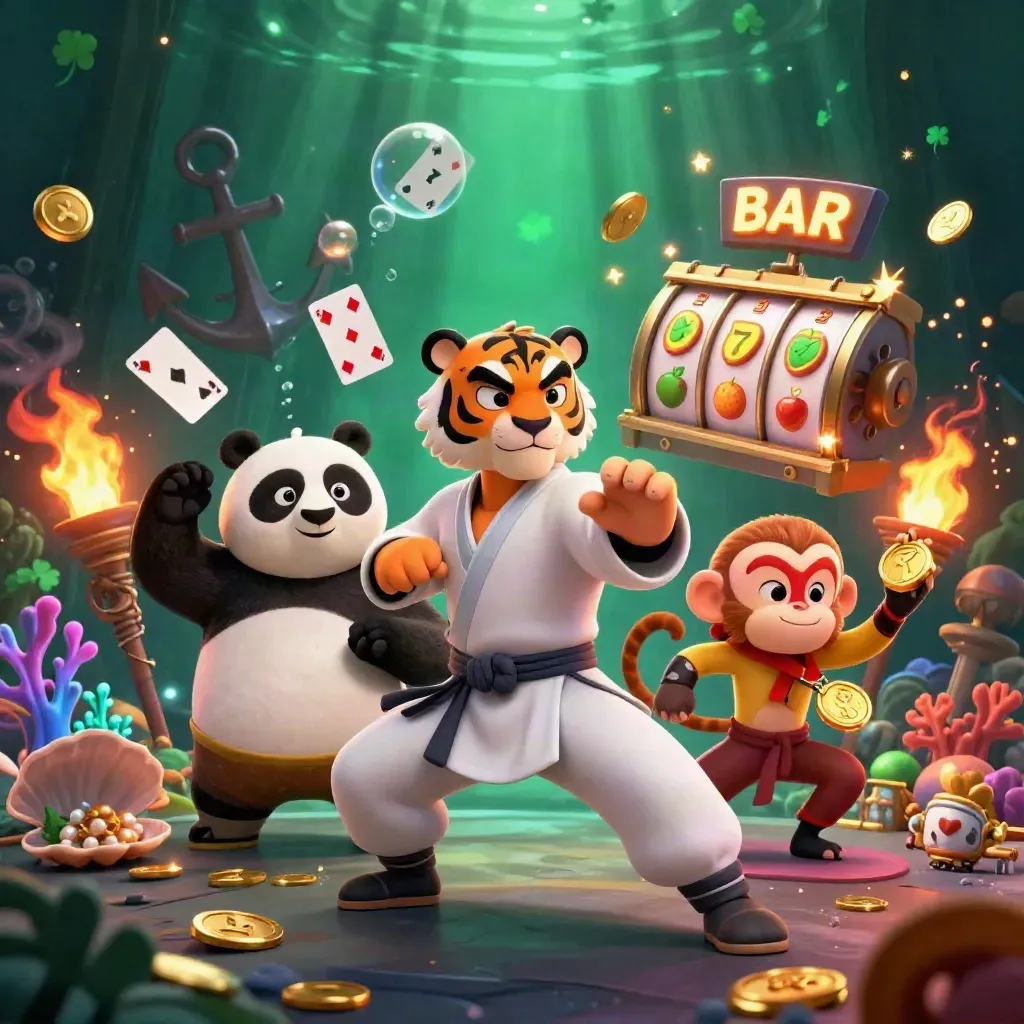 Tiger, panda, and monkey in a treasure-cove slot splash with coins, coral, reels, and glowing effects.