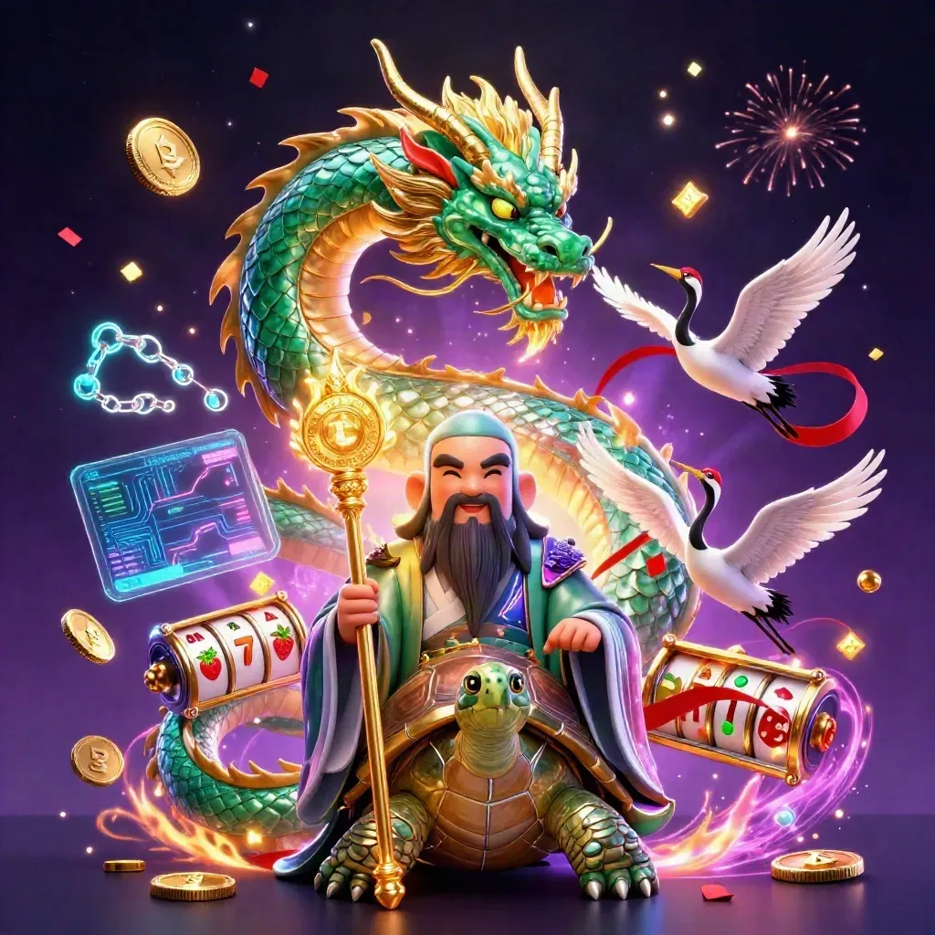 Emerald dragon, turtle sage, and ribboned cranes amid coins, reels, sparks, and casino glow.