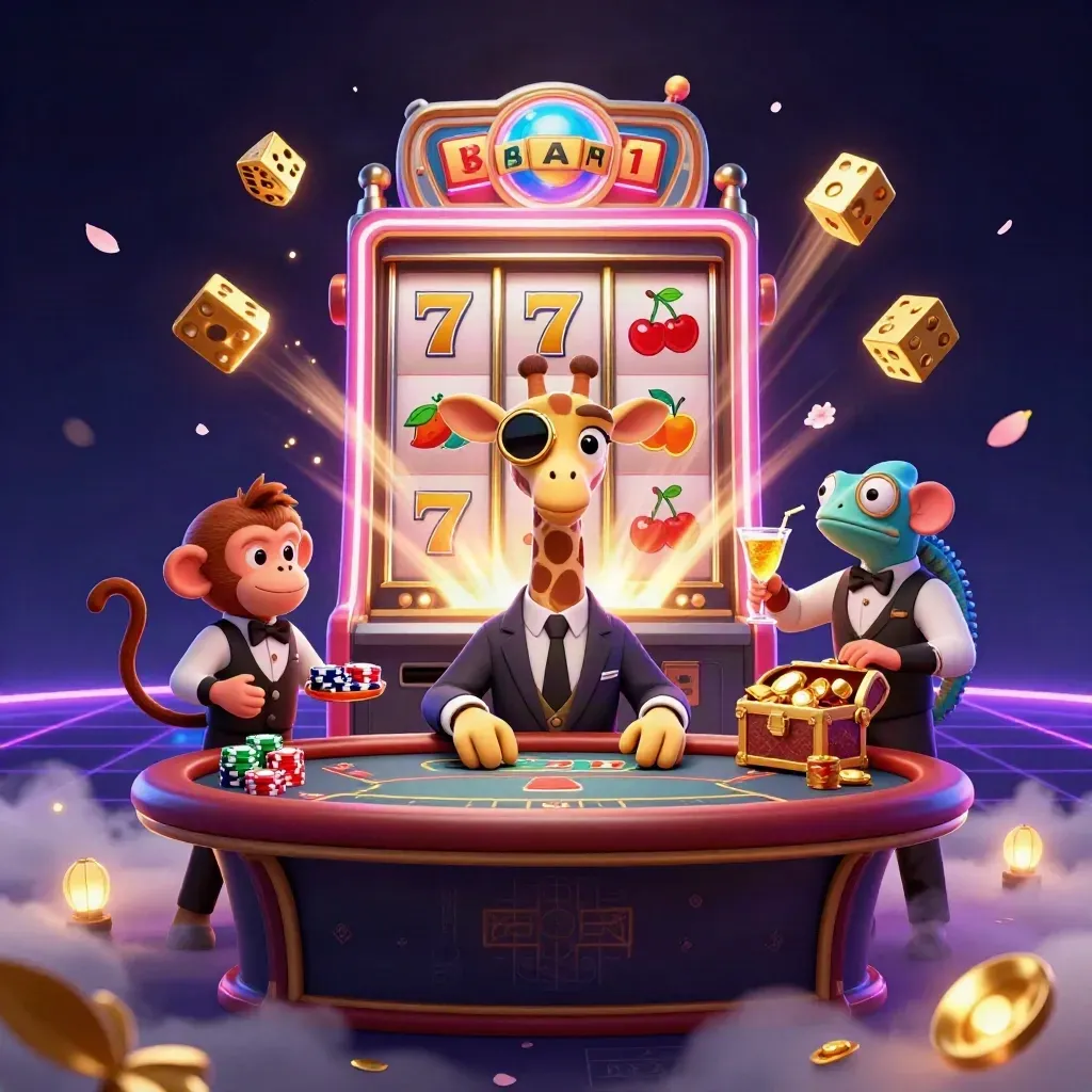 Giraffe, monkey, and chameleon casino heroes amid a bursting slot machine and gold effects