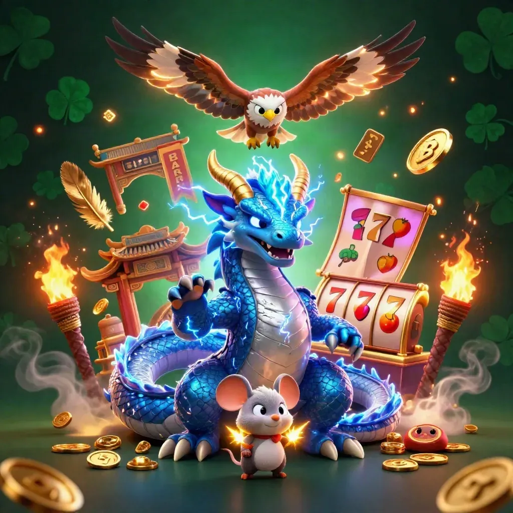 Thunder dragon, wind hawk, and static mouse amid casino symbols on a dark emerald glow
