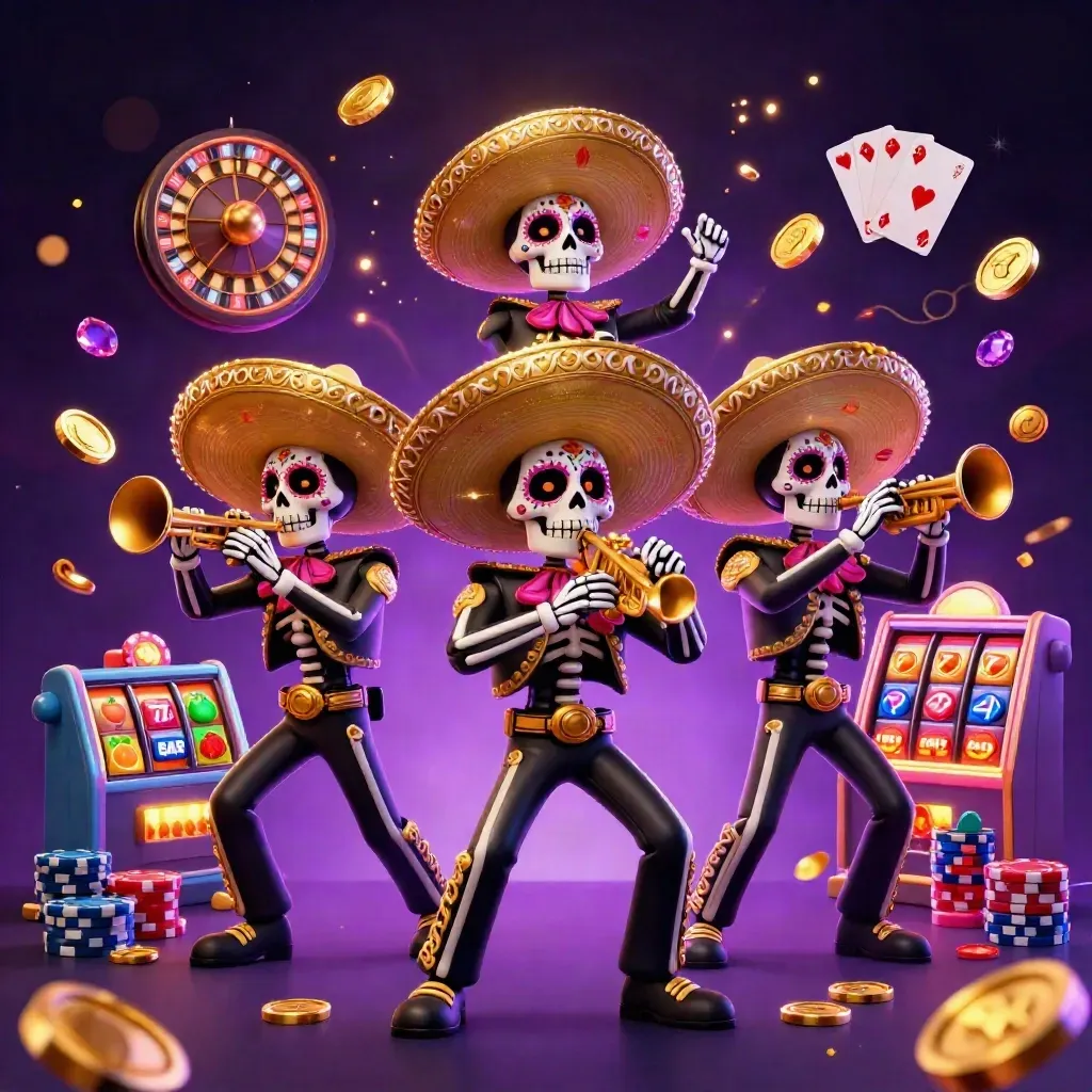 Skeleton mariachi trio surrounded by coins, cards, chips, roulette wheel and neon casino glow.