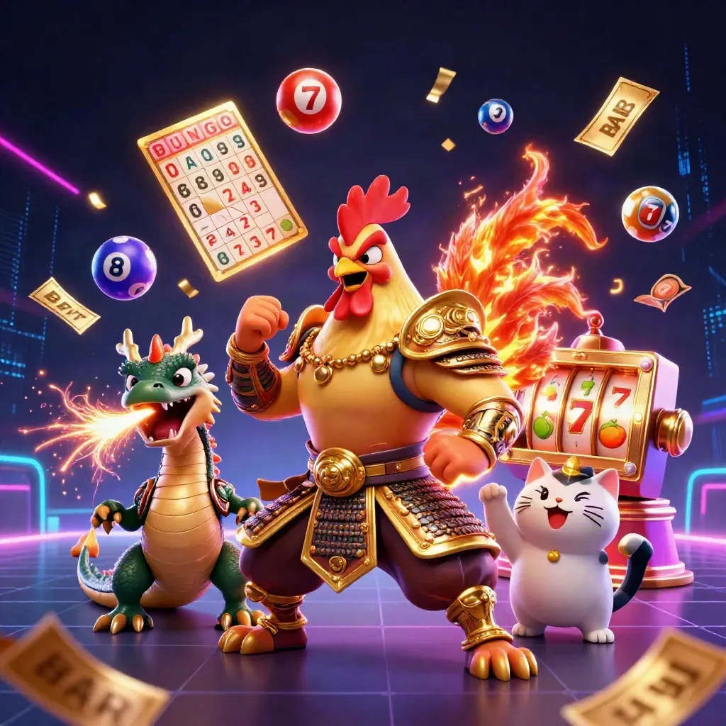 A rooster warrior, dragon hatchling, and fortune cat amid casino sparks and prize graphics.